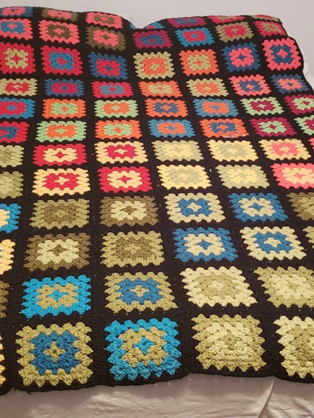Vintage Granny Square Afghan Black Rainbow Crochet Blanket 56x90 Handmade Throw